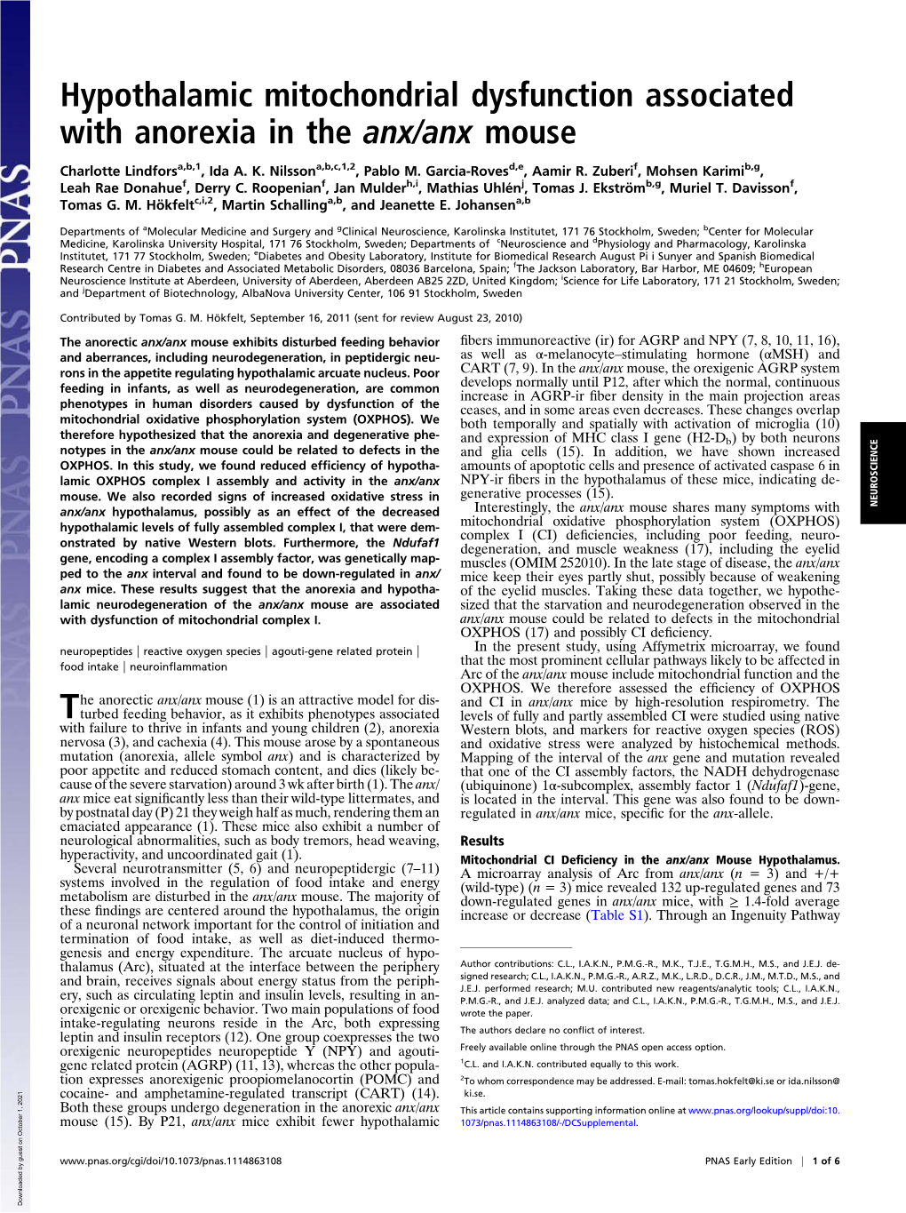 Hypothalamic Mitochondrial Dysfunction Associated with Anorexia in the Anx/Anx Mouse