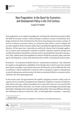 New Pragmatism: in the Quest for Economics and Development Policy in the 21St Century Grzegorz W