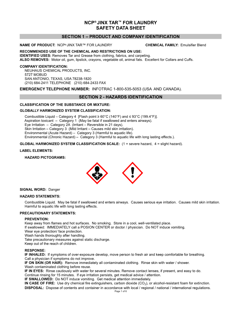 Ncp® Jinx Tar™ for Laundry Safety Data Sheet