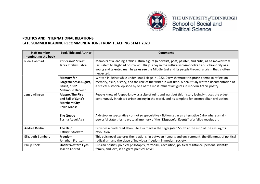 Politics and International Relations Late Summer Reading Recommendations from Teaching Staff 2020