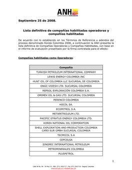 Septiembre 25 De 2008. Lista Definitiva De Compañías Habilitadas Operadoras Y Compañías Habilitadas