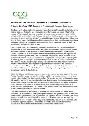 The Role of the Board of Directors in Corporate Governance Article by Mary Kelly FCCA, Examiner in Professional 1 Corporate Governance