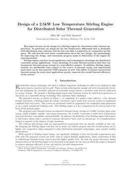 Design of a 2.5Kw Low Temperature Stirling Engine for Distributed Solar Thermal Generation