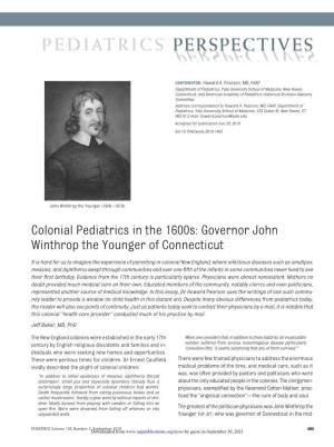 Colonial Pediatrics in the 1600S: Governor John Winthrop the Younger of Connecticut