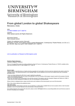 University of Birmingham from Global London to Global Shakespeare