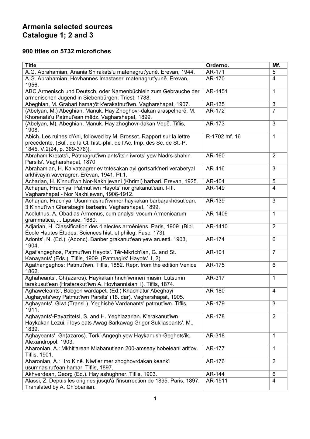 Armenia Selected Sources Catalogue 1; 2 and 3