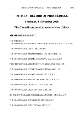 OFFICIAL RECORD of PROCEEDINGS Thursday, 5 November 2020 the Council Continued to Meet at Nine O'clock