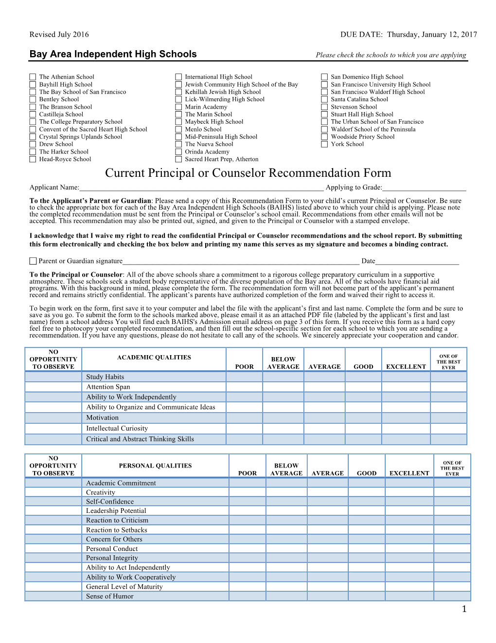 Current Principal Or Counselor Recommendation Form