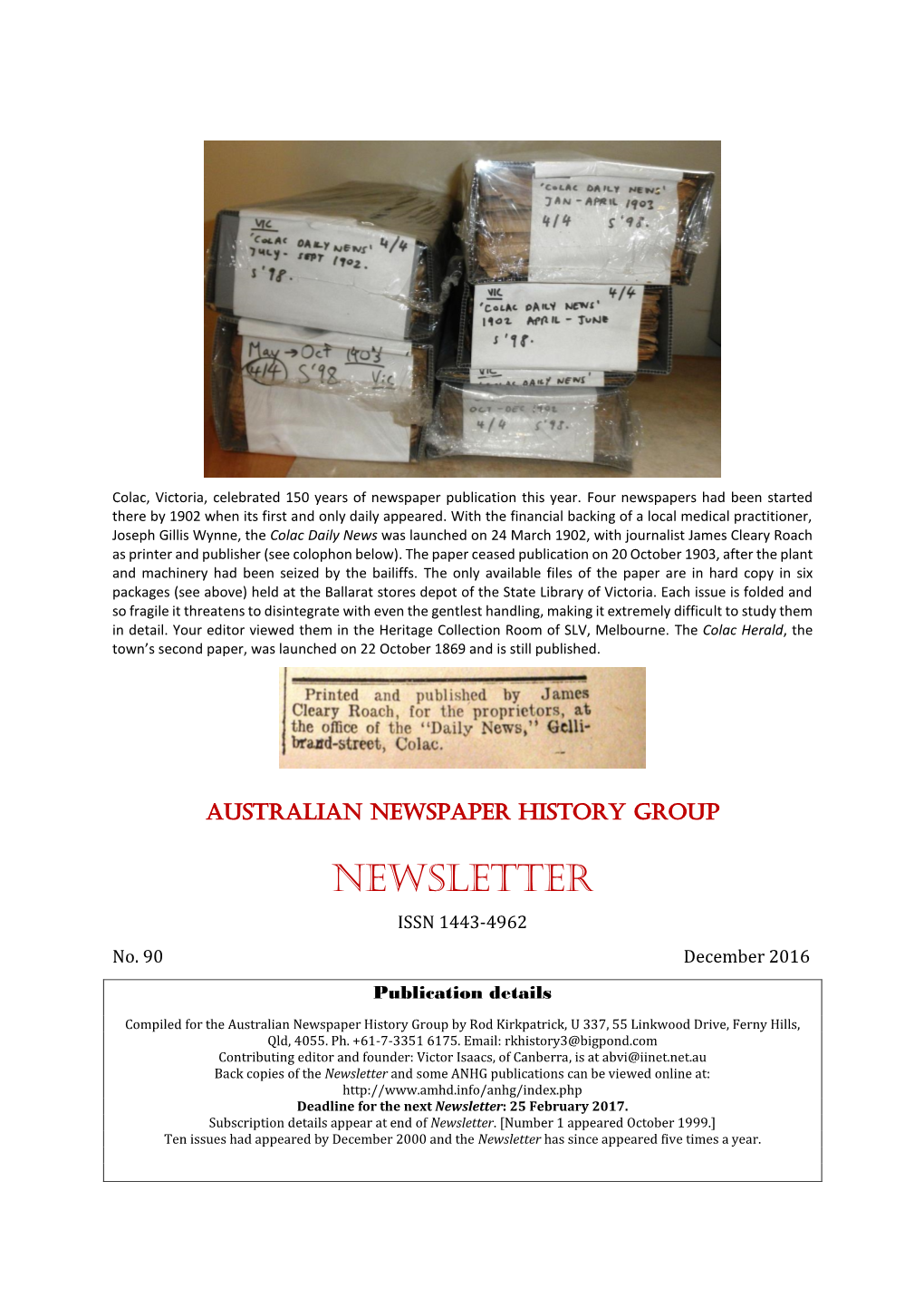 NEWSLETTER ISSN 1443-4962 No