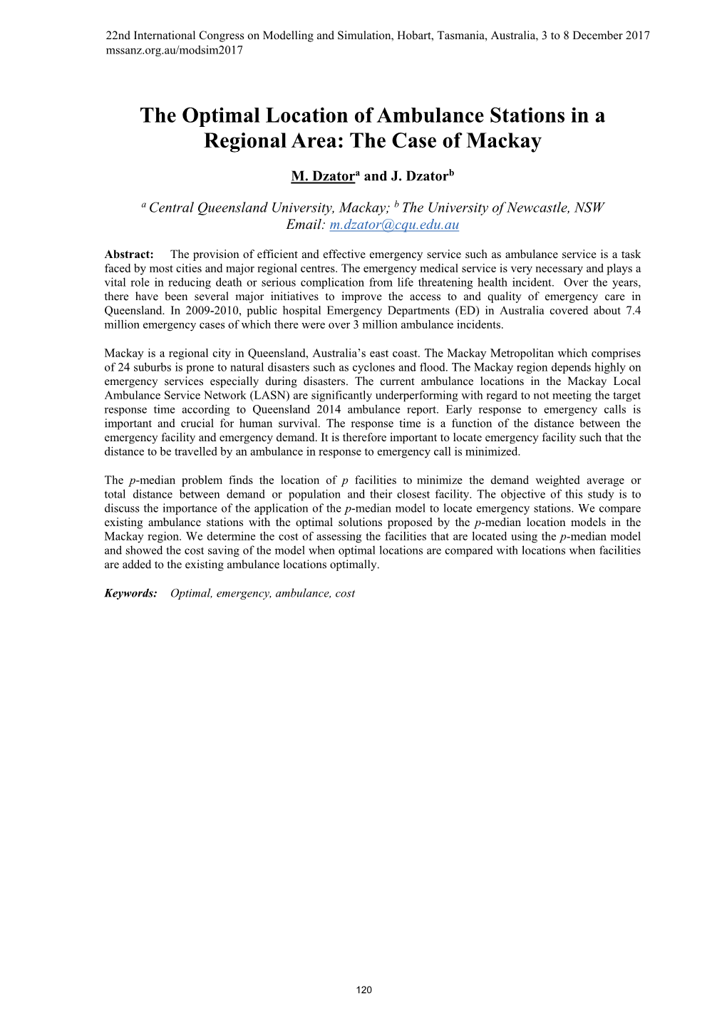 The Optimal Location of Ambulance Stations in a Regional Area: the Case of Mackay