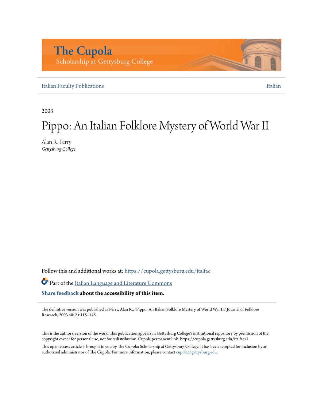 An Italian Folklore Mystery of World War II Alan R