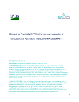 Request for Proposals (RFP) for the Mid-Term Evaluation of the Sustainable Agricultural Improvement Project (MAS+)