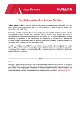 News Release Nomura Holdings Possible Loss Arising From