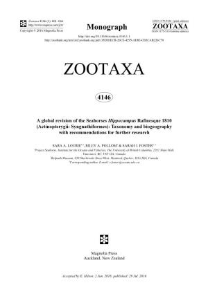 A Global Revision of the Seahorses Hippocampus Rafinesque 1810 (Actinopterygii: Syngnathiformes): Taxonomy and Biogeography with Recommendations for Further Research