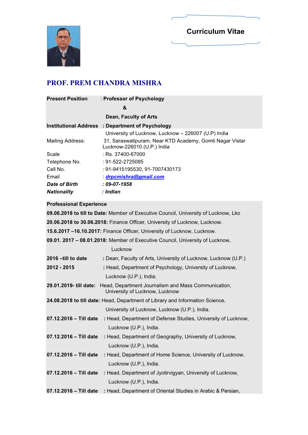 PROF. PREM CHANDRA MISHRA Curriculum Vitae