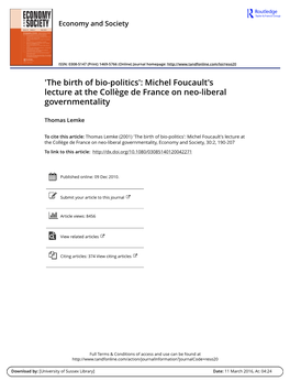 'The Birth of Bio-Politics': Michel Foucault's Lecture at the College De France on Neo-Liberal Governmentality