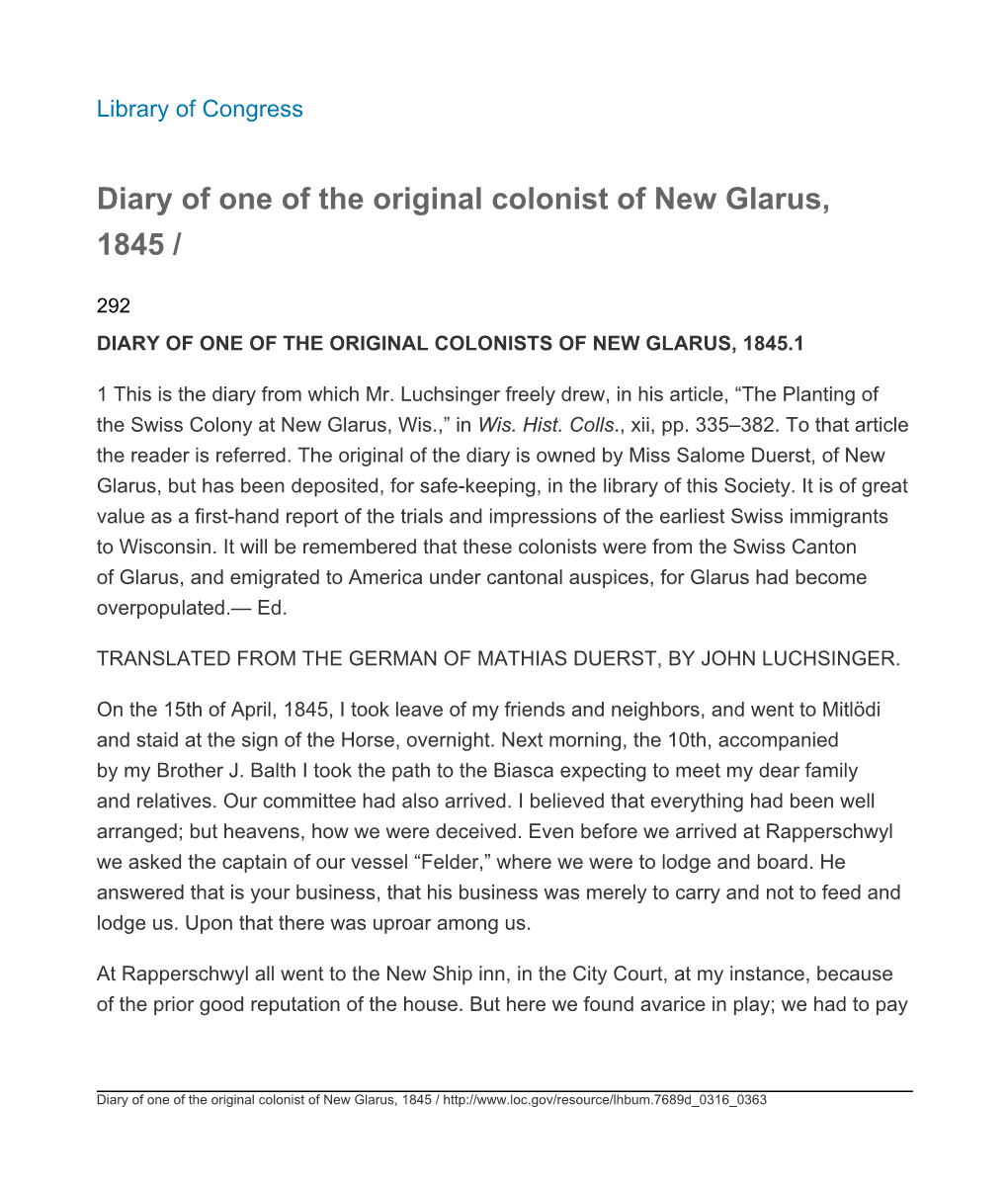 Diary of One of the Original Colonist of New Glarus, 1845