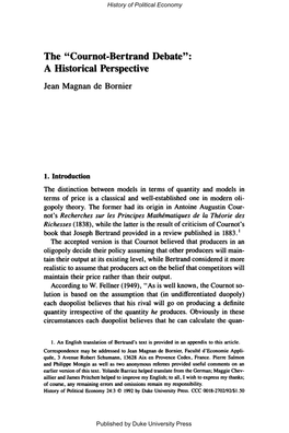 Cournot-Bertrand Debate”: a Historical Perspective Jean Magnan De Bornier