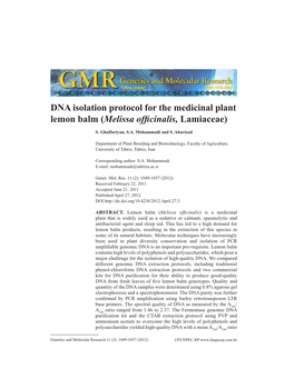 DNA Isolation Protocol for the Medicinal Plant Lemon Balm (Melissa Officinalis,Lamiaceae)