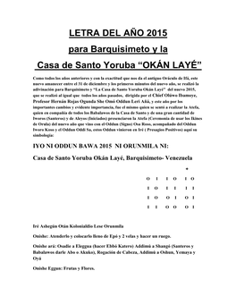 LETRA DEL AÑO 2015 Para Barquisimeto Y La Casa De Santo Yoruba “OKÁN LAYÉ”