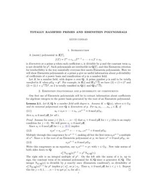 Totally Ramified Primes and Eisenstein Polynomials