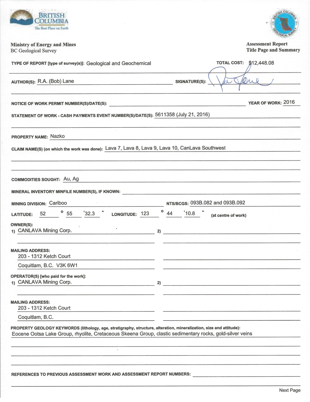 CANLAVA Mining Corp. 203 – 1312 Ketch Court Coquitlam, B.C