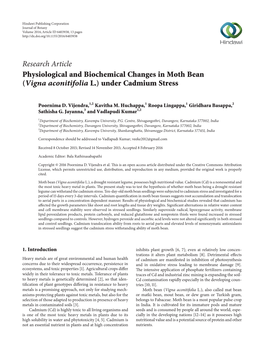 Physiological and Biochemical Changes in Moth Bean (Vigna Aconitifolia L.) Under Cadmium Stress