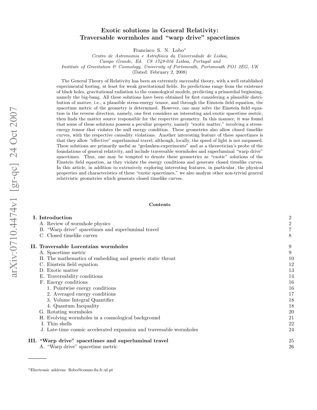 Arxiv:0710.4474V1 [Gr-Qc] 24 Oct 2007 I.“Apdie Pctmsadspruia Travel Superluminal and Spacetimes Drive” “Warp III