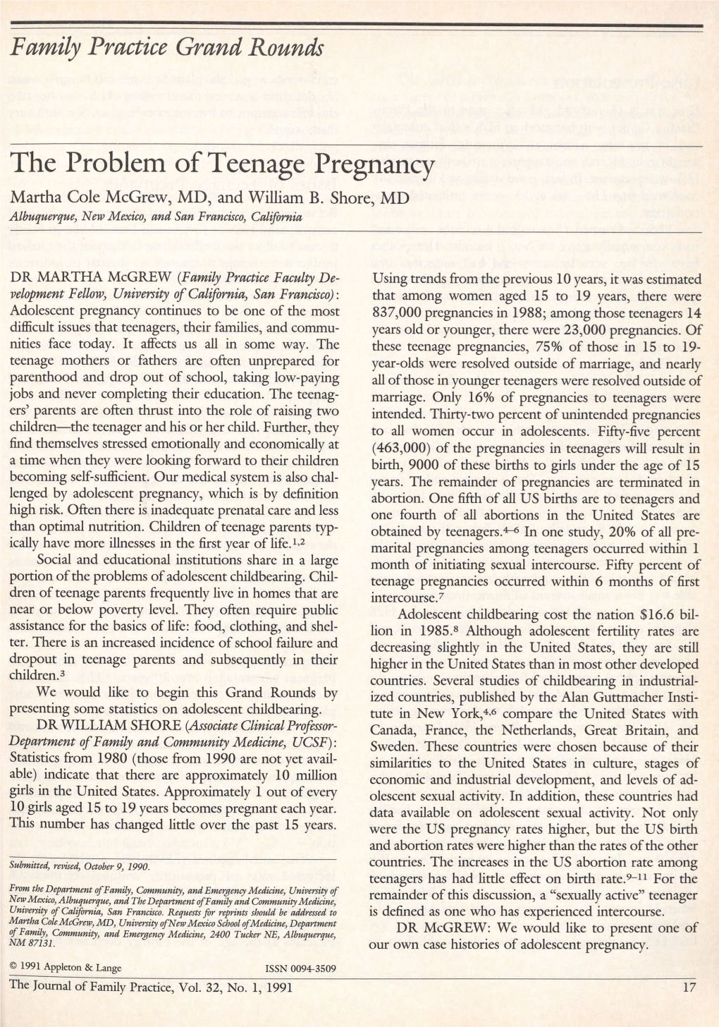 The Problem of Teenage Pregnancy Martha Cole Mcgrew, MD, and William B