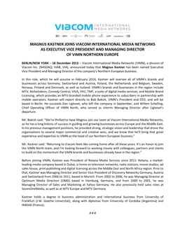 Magnus Kastner Joins Viacom International Media Networks As Executive Vice President and Managing Director of Vimn Northern Europe