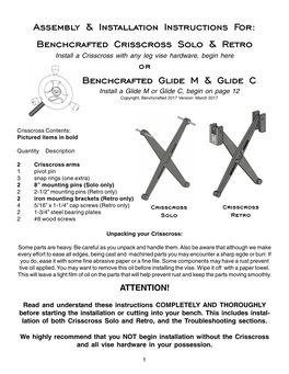 Assembly & Installation Instructions For: Benchcrafted Crisscross Solo