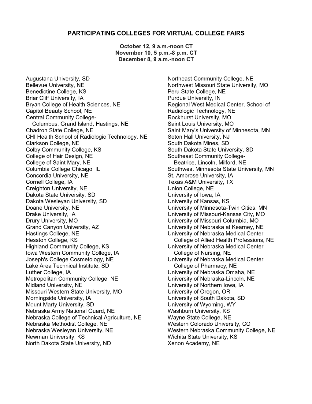 30, 2020 Participating Colleges