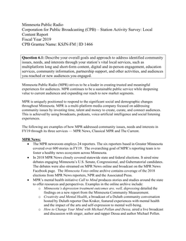 Minnesota Public Radio Corporation for Public Broadcasting (CPB) – Station Activity Survey: Local Content Report Fiscal Year 2019 CPB Grantee Name: KSJN-FM | ID 1466