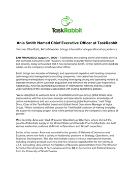 Ania Smith Named Chief Executive Officer at Taskrabbit Former Ubereats, Airbnb Leader Brings International Operational Experience