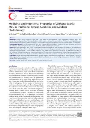 Medicinal and Nutritional Properties of Ziziphus Jujuba Mill. in Traditional Persian Medicine and Modern Phytotherapy
