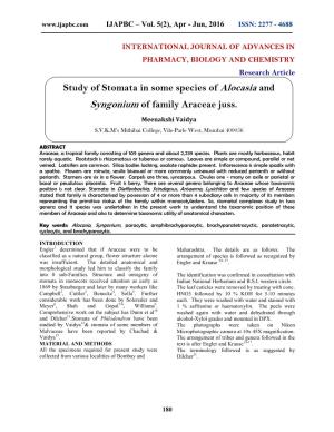 Study of Stomata in Some Species of Alocasia and Syngonium of Family Araceae Juss