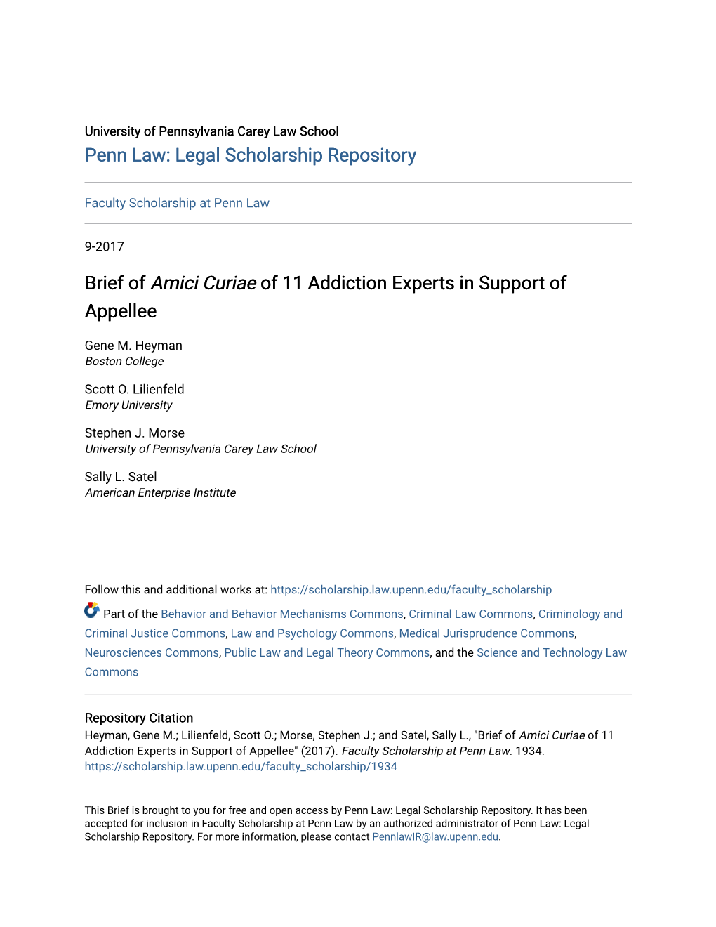 Brief of <I>Amici Curiae</I> of 11 Addiction Experts in Support Of