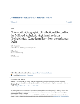 Noteworthy Geographic Distributional Record for the Milliped, Apheloria Virginiensis Reducta (Polydesmida: Xystodesmidae), from the Arkansas Delta C