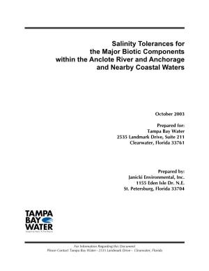 Salinity Tolerances for the Major Biotic Components Within the Anclote River and Anchorage and Nearby Coastal Waters