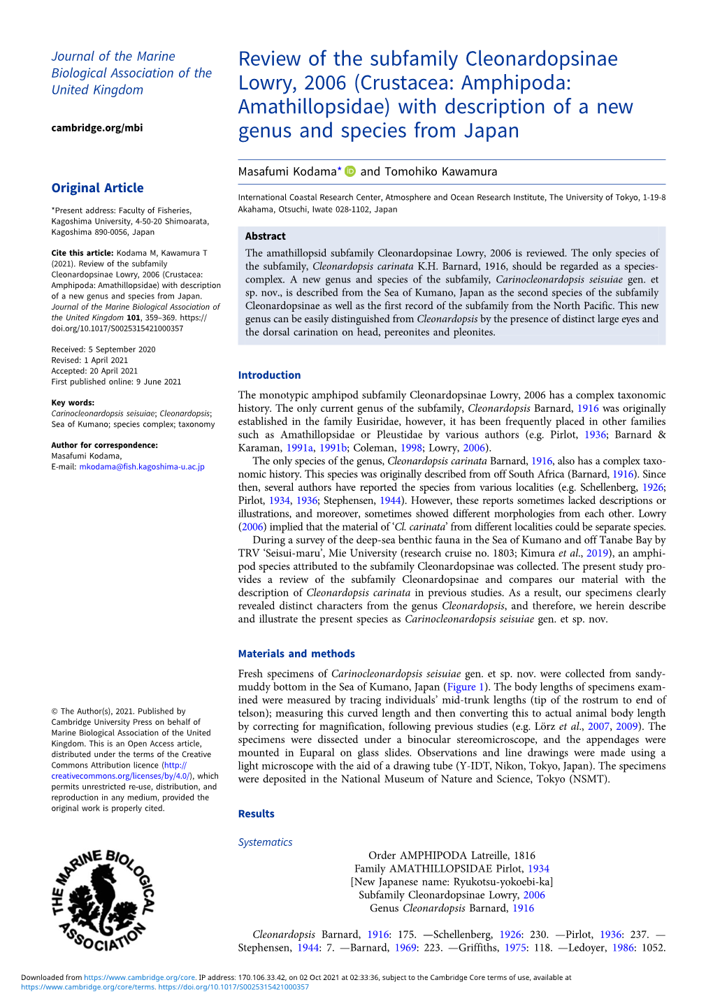 Review of the Subfamily Cleonardopsinae Lowry, 2006 (Crustacea: Amphipoda: Amathillopsidae) with Description of a New Genus