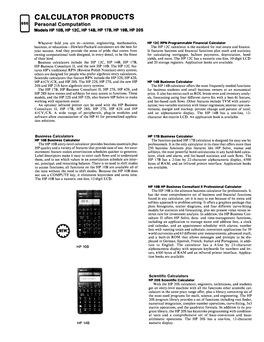 CALCULATOR PRODUCTS Personal Computation Models HP 108, HP 12C, HP 148, HP 178, HP 198, HP 205