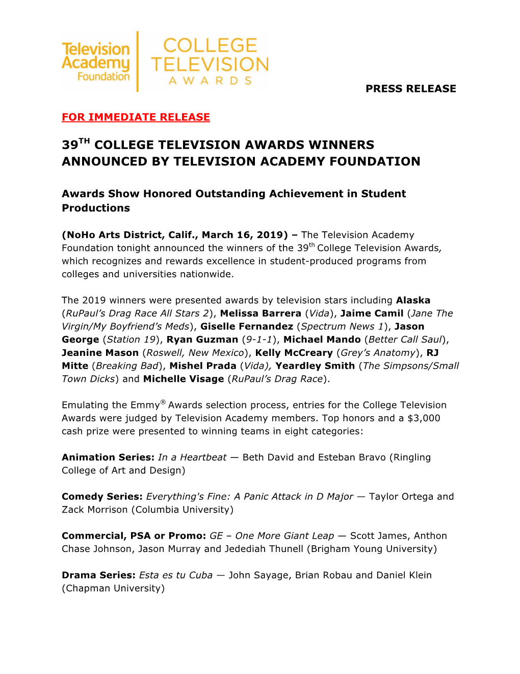 39Th College Television Awards Winners Announced by Television Academy Foundation