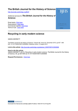 The British Journal for the History of Science Recycling in Early Modern