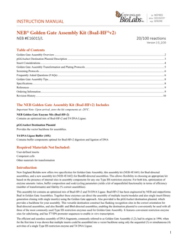 NEB Golden Gate Assembly Kit (Bsai-Hfv2) E1601 Manual