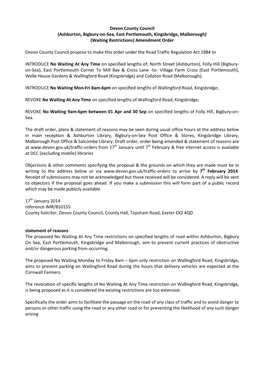 Devon County Council (Ashburton, Bigbury-On-Sea, East Portlemouth, Kingsbridge, Malborough) (Waiting Restrictions) Amendment Order