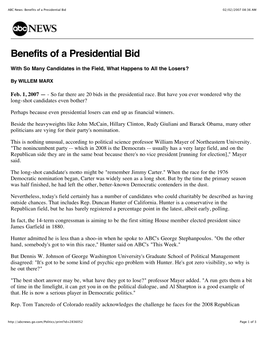 ABC News: Benefits of a Presidential Bid 02/02/2007 08:36 AM