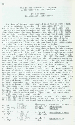 68 the Sutaio Dialect of Cheyenne: a Discussion of the Evidence Ives Goddard Smithsonian Institution