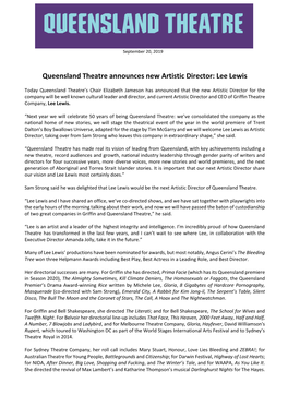 Queensland Theatre Announces New Artistic Director: Lee Lewis