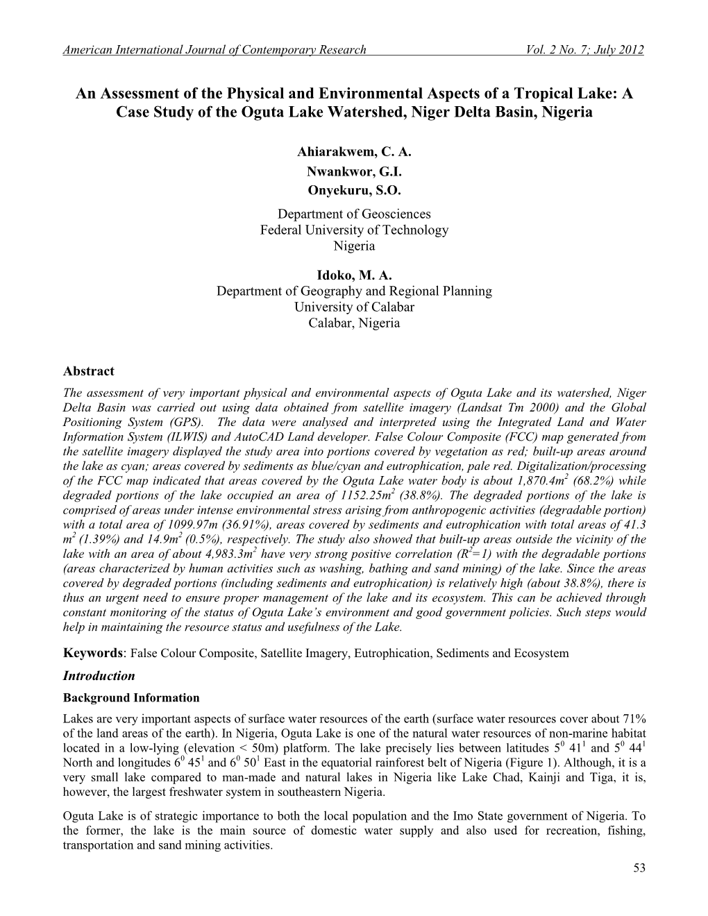 A Case Study of the Oguta Lake Watershed, Niger Delta Basin, Nigeria