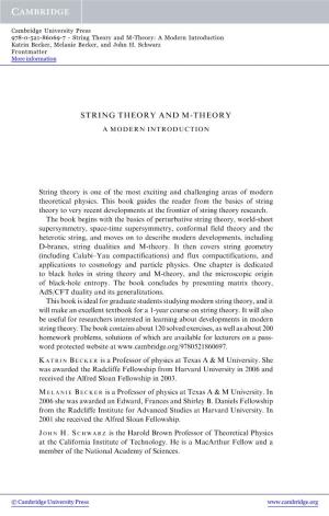 String Theory and M-Theory: a Modern Introduction Katrin Becker, Melanie Becker, and John H